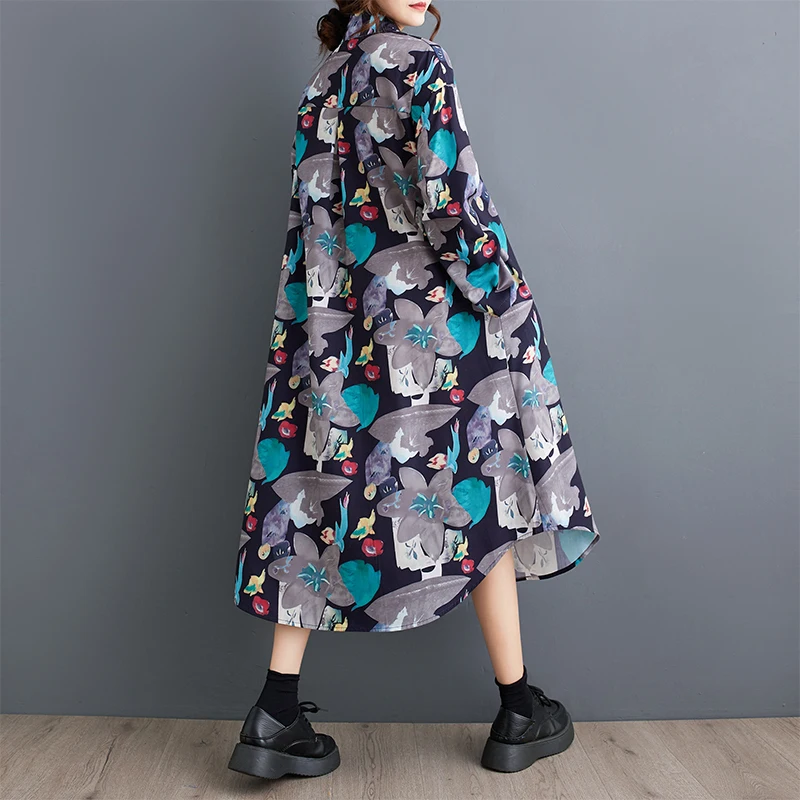 # 3994 Bloemenprint Shirtjurk Lange Mouw Vintage A-lijn Knoppen aan de voorkant Asymmetrische Midi-jurk Dames Losse Koreaanse mode
