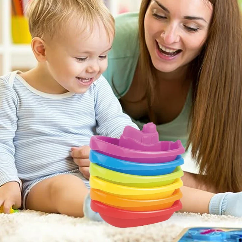 Mainan mandi bayi lucu cangkir susun warna-warni mainan anak-anak Montessori edukasi dini cangkir tumpuk berbentuk perahu mainan menara lipat