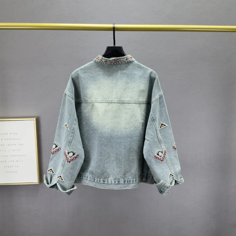 ANJY Spring Autumn New Women Washed Heavy Embroidered Diamonds Sequins Stand Collar Denim Jacket Loose Casual Design Coat A23825