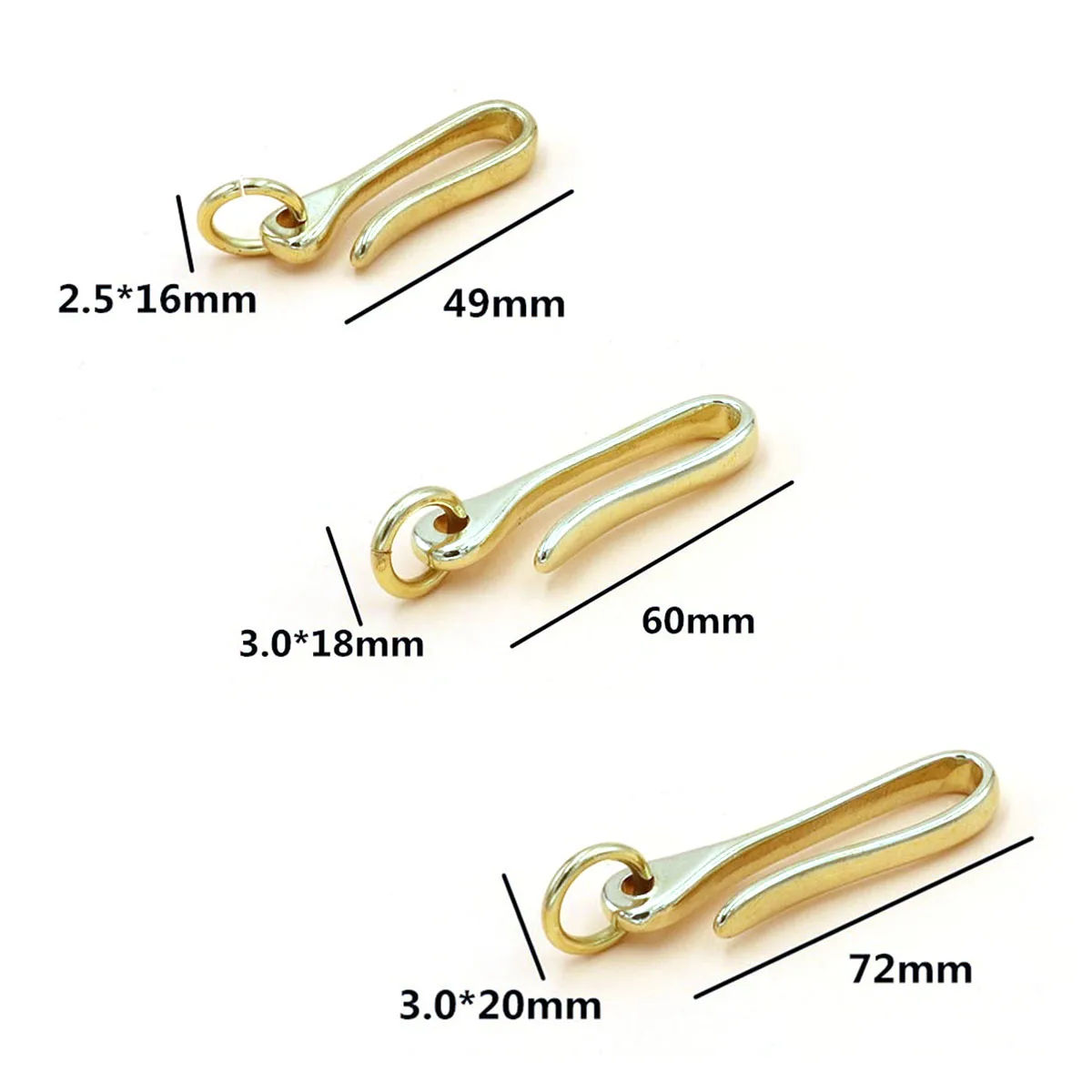 4pcs Solid Brass Belt U Hook Keychain Key Ring Wallet Fob Clip Retro Vintage Fish Hook with O ring 3 Sizes Available