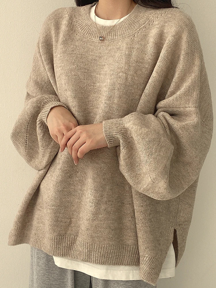 Autumn Winter Sweater Women Elegant Knitted Pullover Female Vintage Lantern Sleeves Knitwear Ladies Korean Chic O Neck Jumper