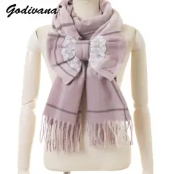 Japanese Liz New Lazy Wind Girls Sweet Plaid Lace Bow Scarf Soft Warm Women's Winter Lolita Scarf