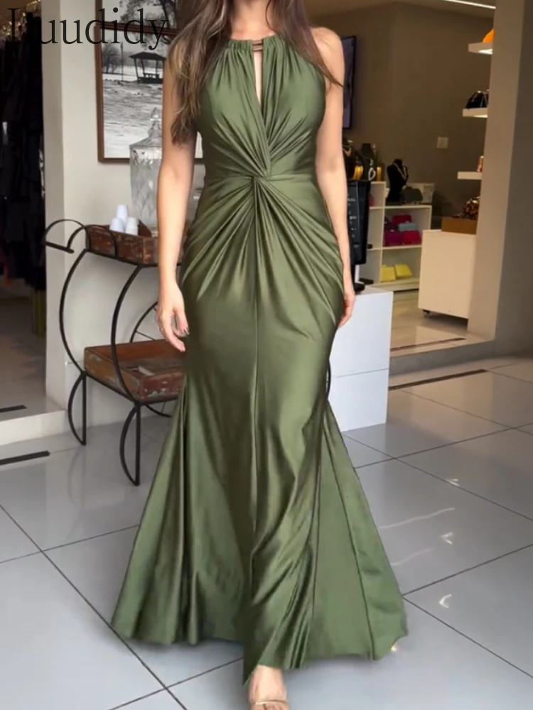 サテン ノースリーブ 中空ツイスト フロント パーティー ドレス タイ ディテール バックレス ジッパー バック マーメイド ヘム ドレス