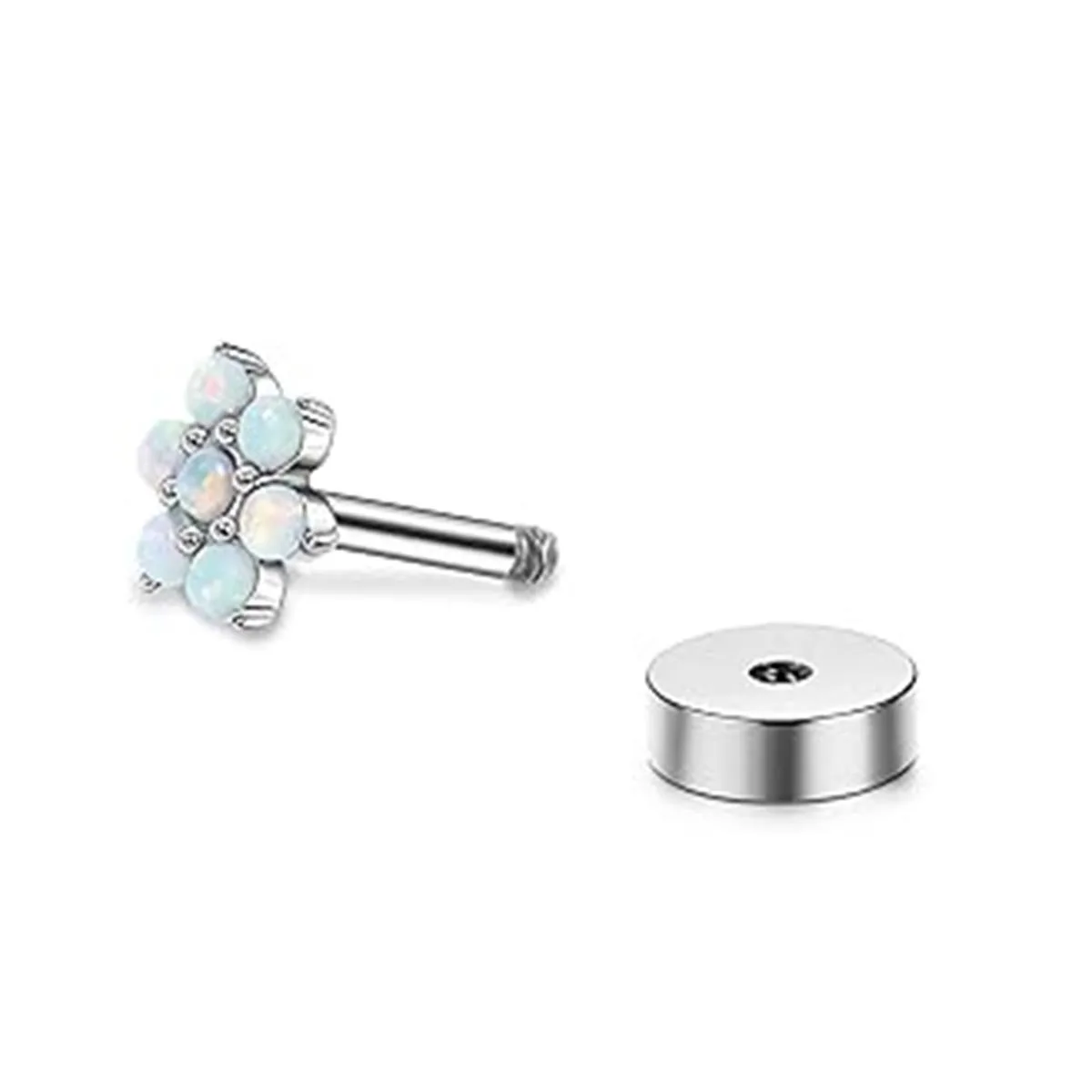 Aço inoxidável Opal Piercing Brincos, Elegante Flat Back, Flor Incrustada, 1