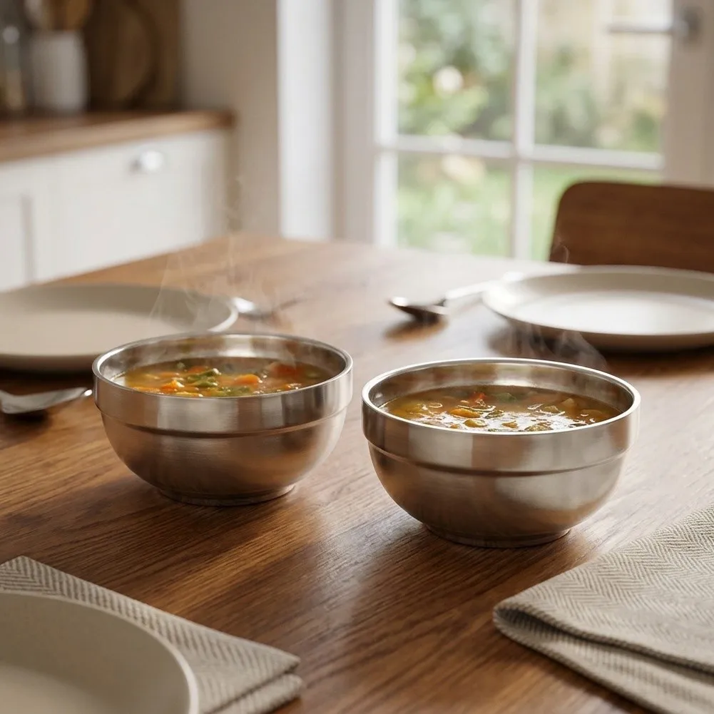 For Hot Soup Insulated Food Bowl 304 Stainless Steel Bowl For Home Daily Use Silver Simple Cleanup Robust Bowl Body