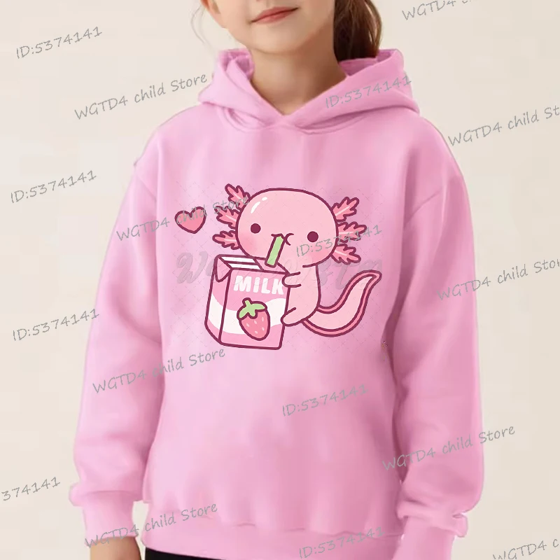 Cute Axolotl Loves Strawberry Milk Print Kids Hoodies Spring Long Sleeve Casual Sportswear Cartoon Axolotl Hoody For Boys Girls