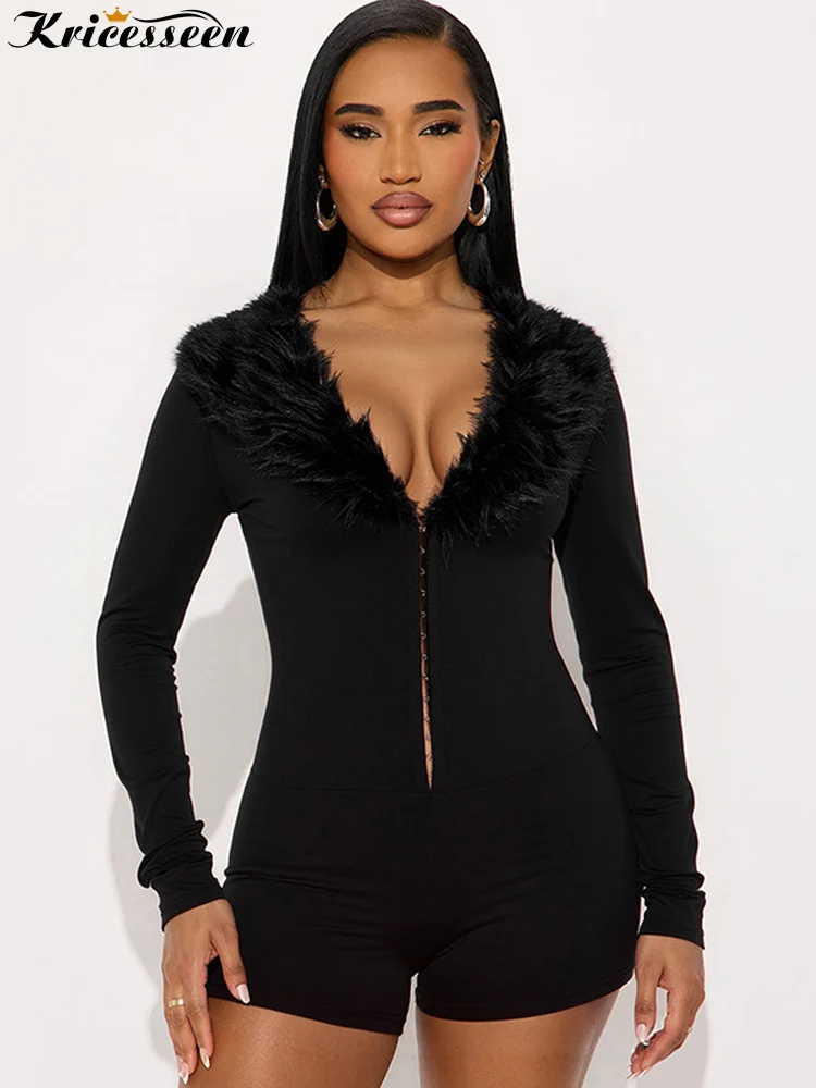 

Kricesseen сексуальный комбинезон с отделкой из искусственного меха и длинными рукавами, женский черный комбинезон на молнии с глубоким v-образным вырезом, короткий комбинезон для ночного клуба, вечерние боди, Клубная одежда