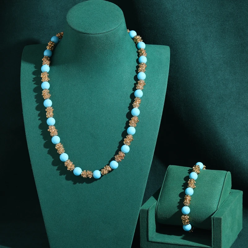 

Vintage Blue Jewelry Sets Natural Stone Gold Color Rhinestone Short Necklace Bracelet For Woman Engagement Charm Accessories New