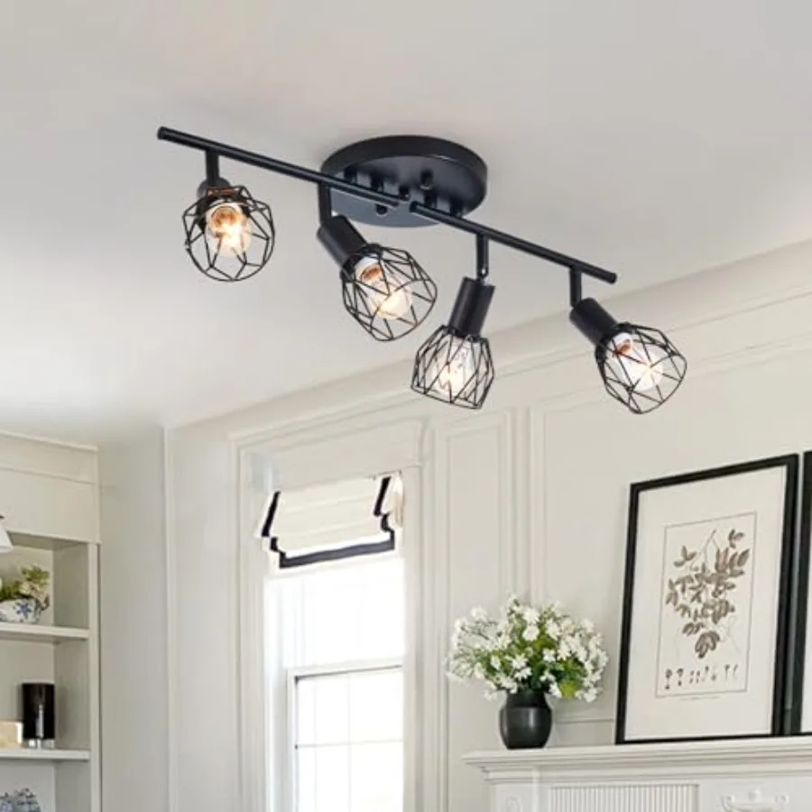

Track Lighting Kit 4-Light Adjustable Multi-Directional Ceiling Light Fixtures Vintage Black Metal Wire Cage Farmhouse Light Fi