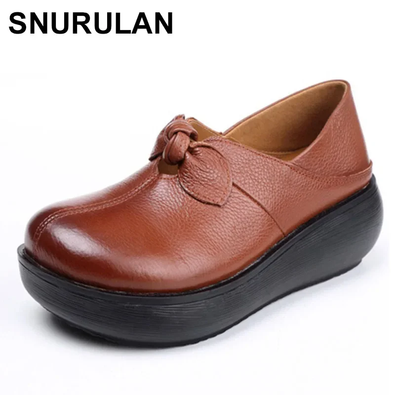 

SNURULANwomen shoes platform 2020 spring new genuine leather Bow ladies simple shoes retro casual round toe wedge heel pumps