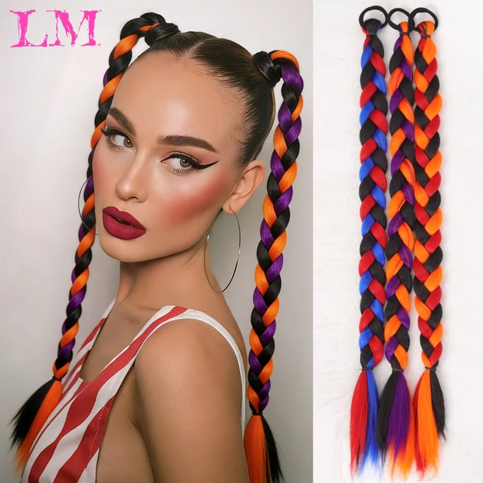 LM Mixed Orange Purple Black Braided Fake Pigtails Elastic Band Multicolor Braided Ponytail Hair Extensions for Festival Cosplay