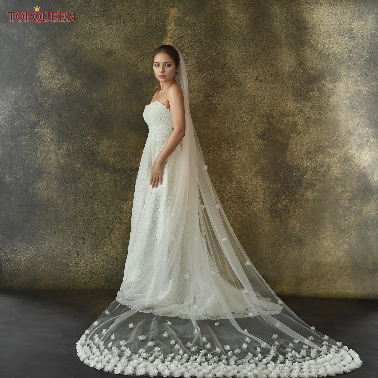TOPQUEEN V93 Wedding Veil with 3d Flowers Cathedral Mantilla High Quality Bridal Veil Flowers Bridal Veil Soft Tulle Veil image 4