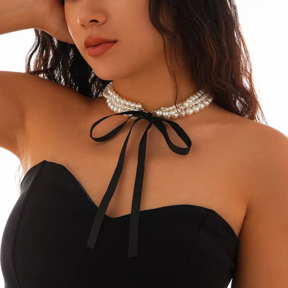 Elegante Multilayer Imitation Perle Kette Halskette Frauen Lange Schwarz Samt Band Bogen Halsband Mi Braut Bankett Schmuck