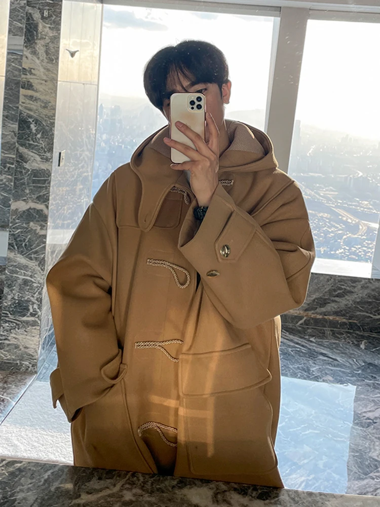 MRCYC Men's Woolen Coat Winter Korean Style Loose Horn Buttoned Mid-Length Retro Hooded Windbreaker Trendy Outerwear