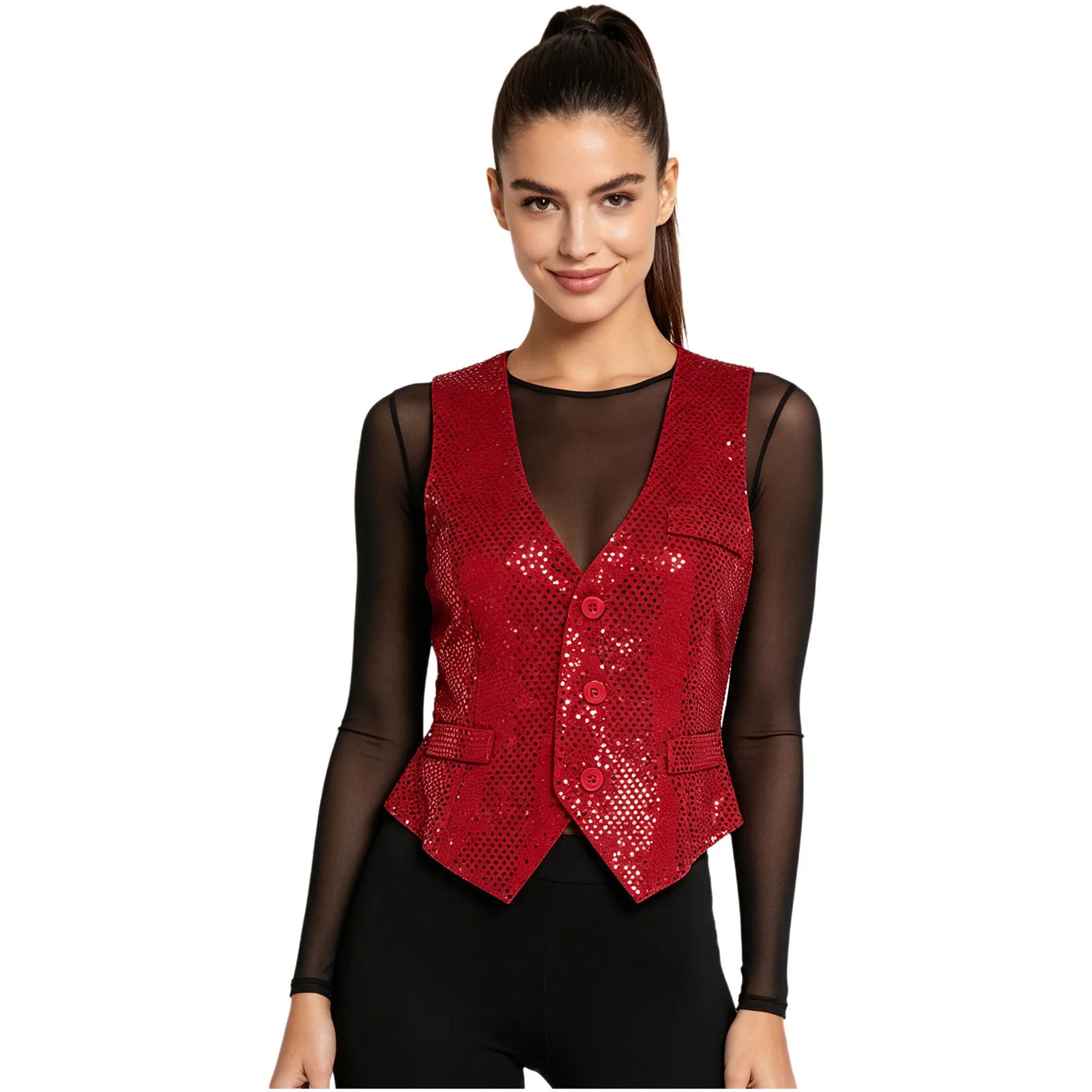 

Women Latin Dance Vest Glitter Sequin V Neck Pointed Hem Button Closure Fully Lined Waistcoat Tank for Tango Salsa Dancewear
