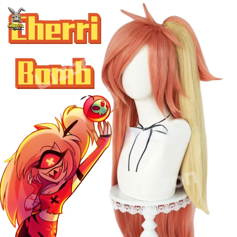 Anime Hotel Cherri Bomb Cosplay Wig Orange Brown Dark Gold With Ponytail Heat Resistant Synthetic Hair Wigs + Wig Cap