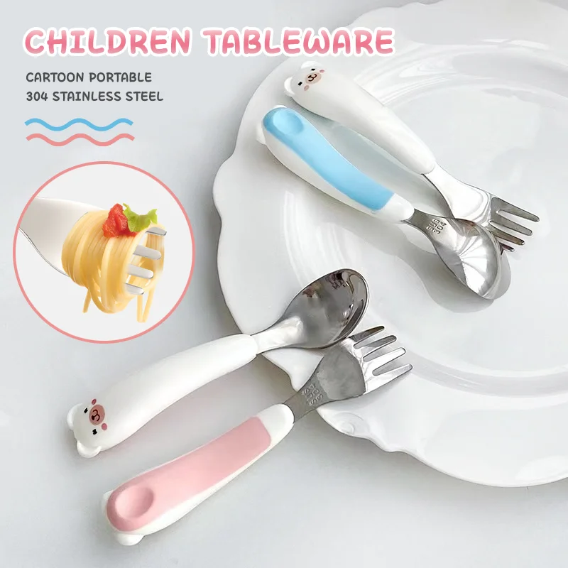 2pcs/sets With Box Baby Feeding Tableware Complementary Food Spoon Stainless Steel Children Tableware Spoon Fork Healthy Safe