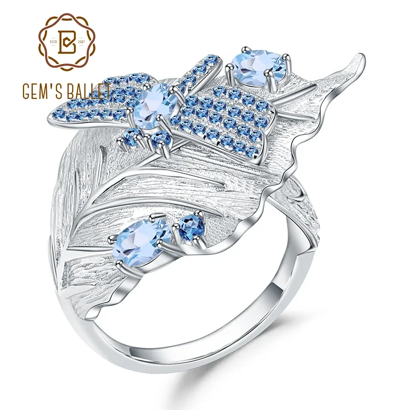 

GEM'S BALLET 0.78Ct Natural Swiss Blue Topaz Ring 925 Sterling Silver Handmade Adjustable Leaf Ring Rings for Women Bijoux