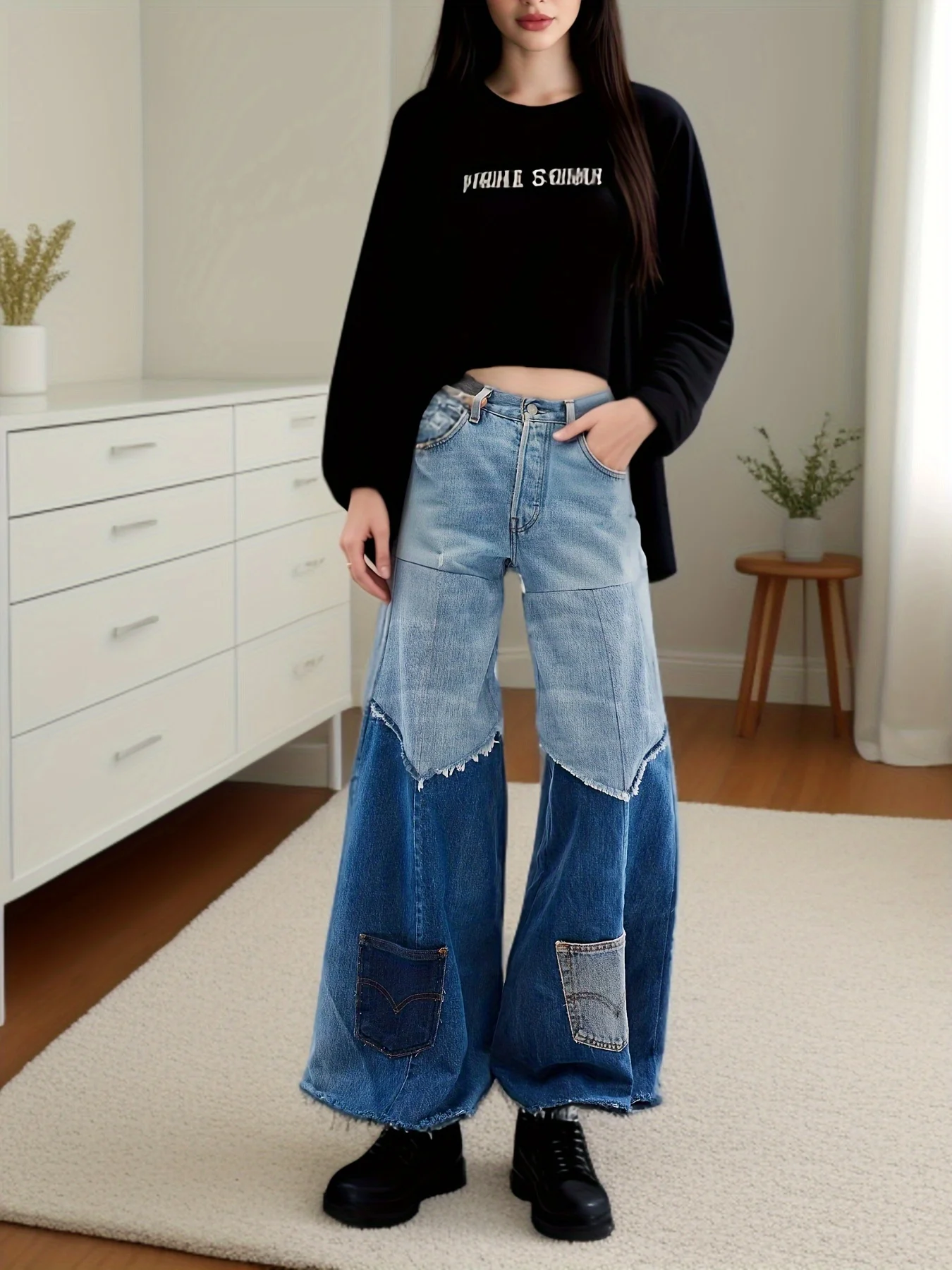 Women Jeans High Wasit Plus Size Casual Denim Patchwork Colorblock Pocket Wide Leg Jeans Spring Streetwear Female Trousers Pant