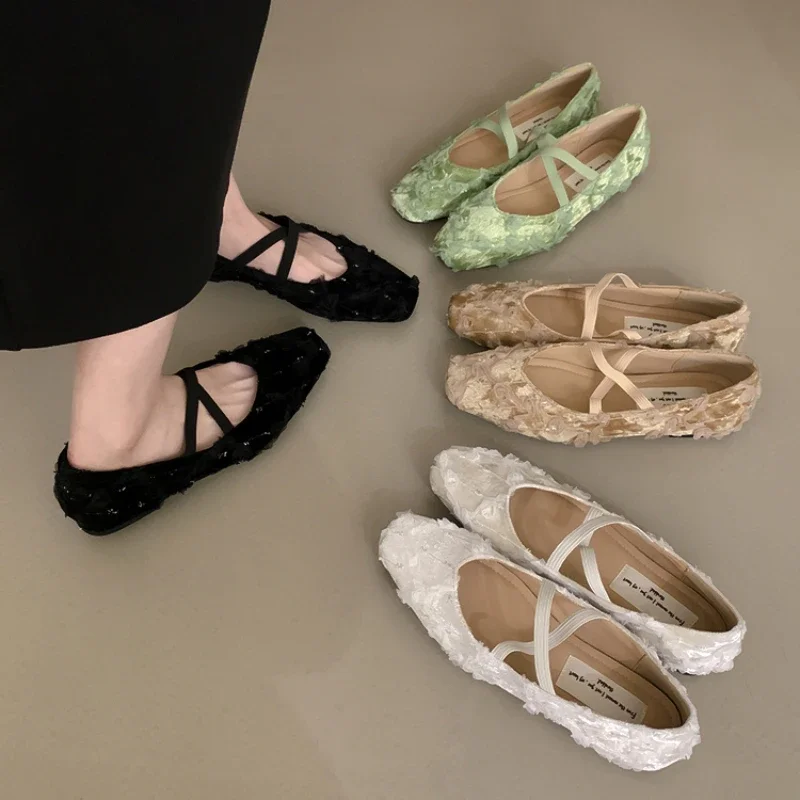 2024 Fashion Autumn Retro Style Slip on Women Ballet Flats Elegant Cross Spring Ladies Comfort Soft Sole Mary Jane Shoes