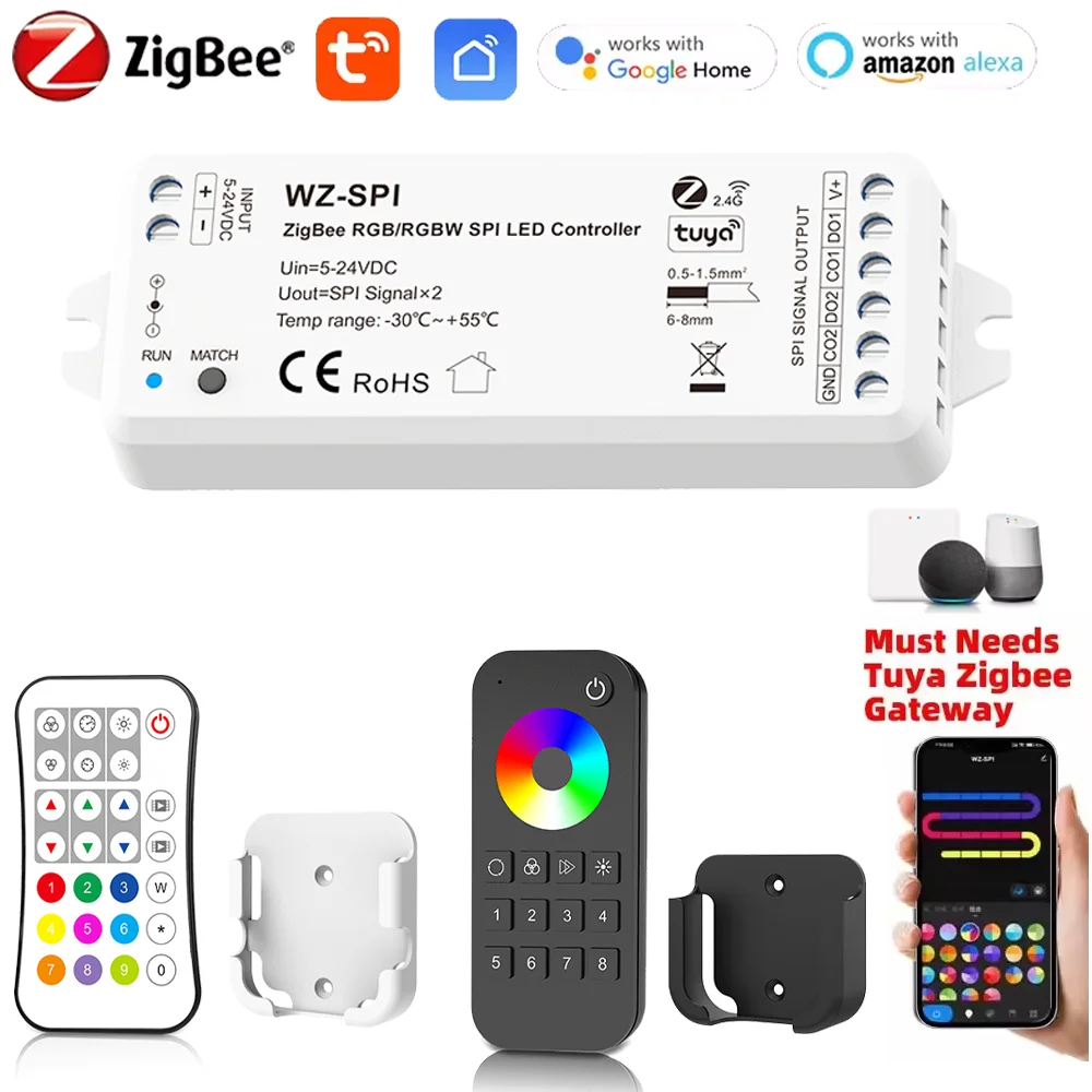 Tuya Zigbee+RF SPI LED Controller WZ-SPI RF Remote DC5V-24V WS2811 Ws2812 Ws2815 SK6812 RGB/RGBW LED Strip Pixel Modules Light