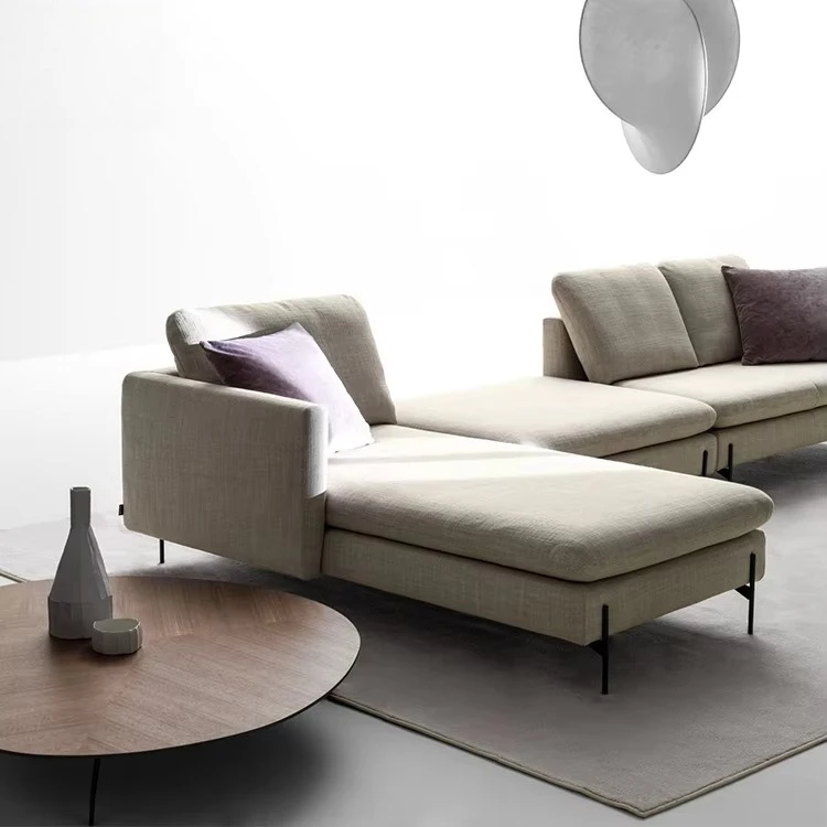 ye-Modern Asymmetrical Sectional Sofa with Angled Armrest, Low Fabric Upholstered Matte Black Metal Legs Living Room Furniture-
