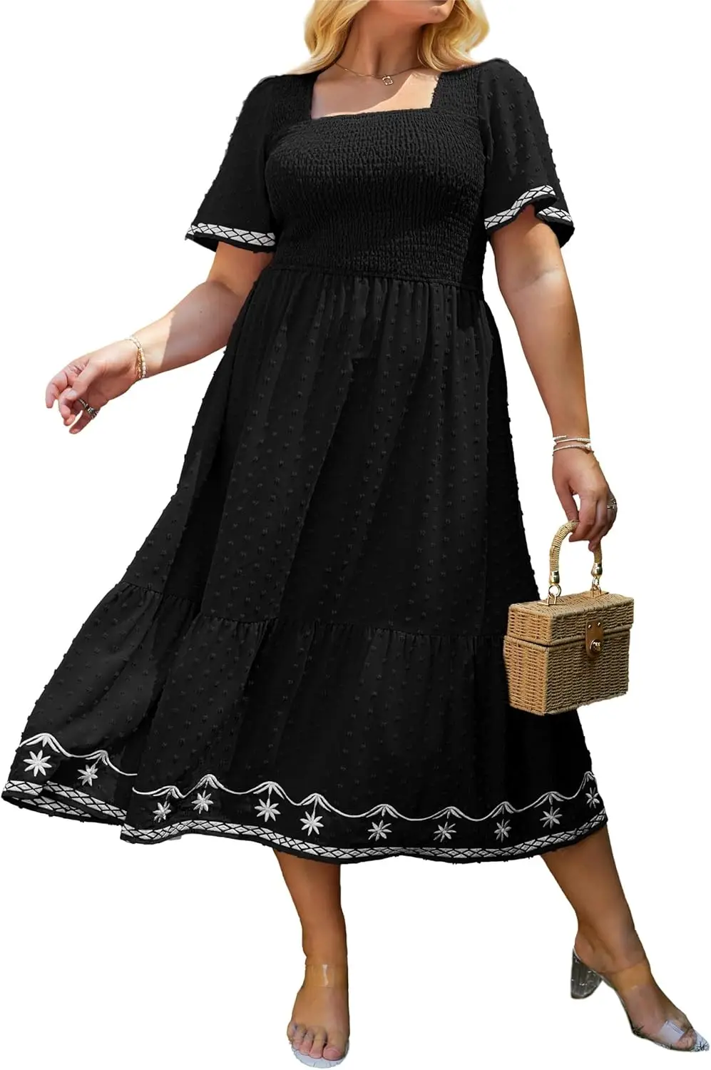 Plus Size Summer Casual Short Sleeve Smocked Square Neck A Line Flowy Midi Dress