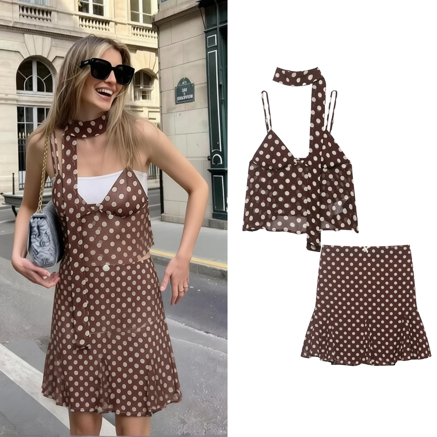 

Women's Polka Dot Skirt Sets Or Female Summer New Sexy V Neck Halter Vest Tops Or Lady Chic Fish Tail Skirts Beach Holiday Sets