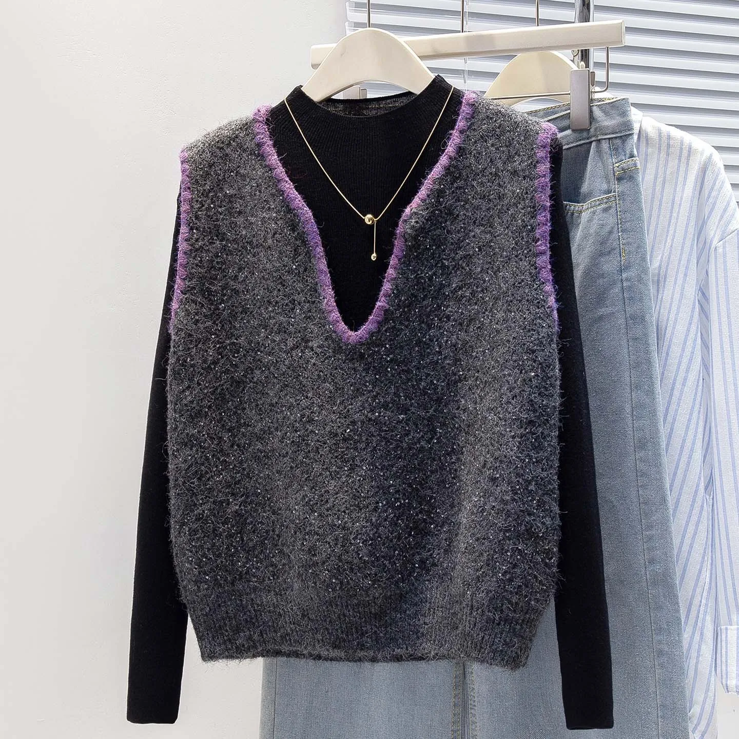 

ay V-Ne Sequin Knitted Vest Women's Outerwear New Sle Autumn Winter plus Size Beautiful Layered Top Cotton on