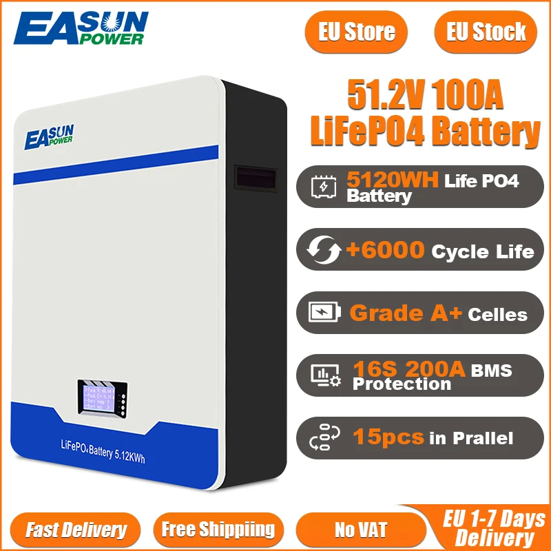 EASUN 300Ah/15kwh 200Ah/10kwh 100Ah/5kwh 48v 51.2v 16S Lifepo4 Lithium-ijzer Batterij Parallel 6000+ Zonne- en Huis Energie