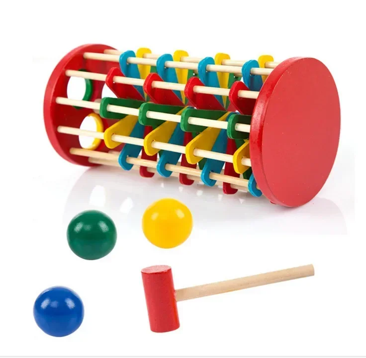 [Funny] DIY Wooden Pound and Roll Wooden Tower with Hammer Knock The Ball Off Ladder Montessori Educational Toys child kids gift