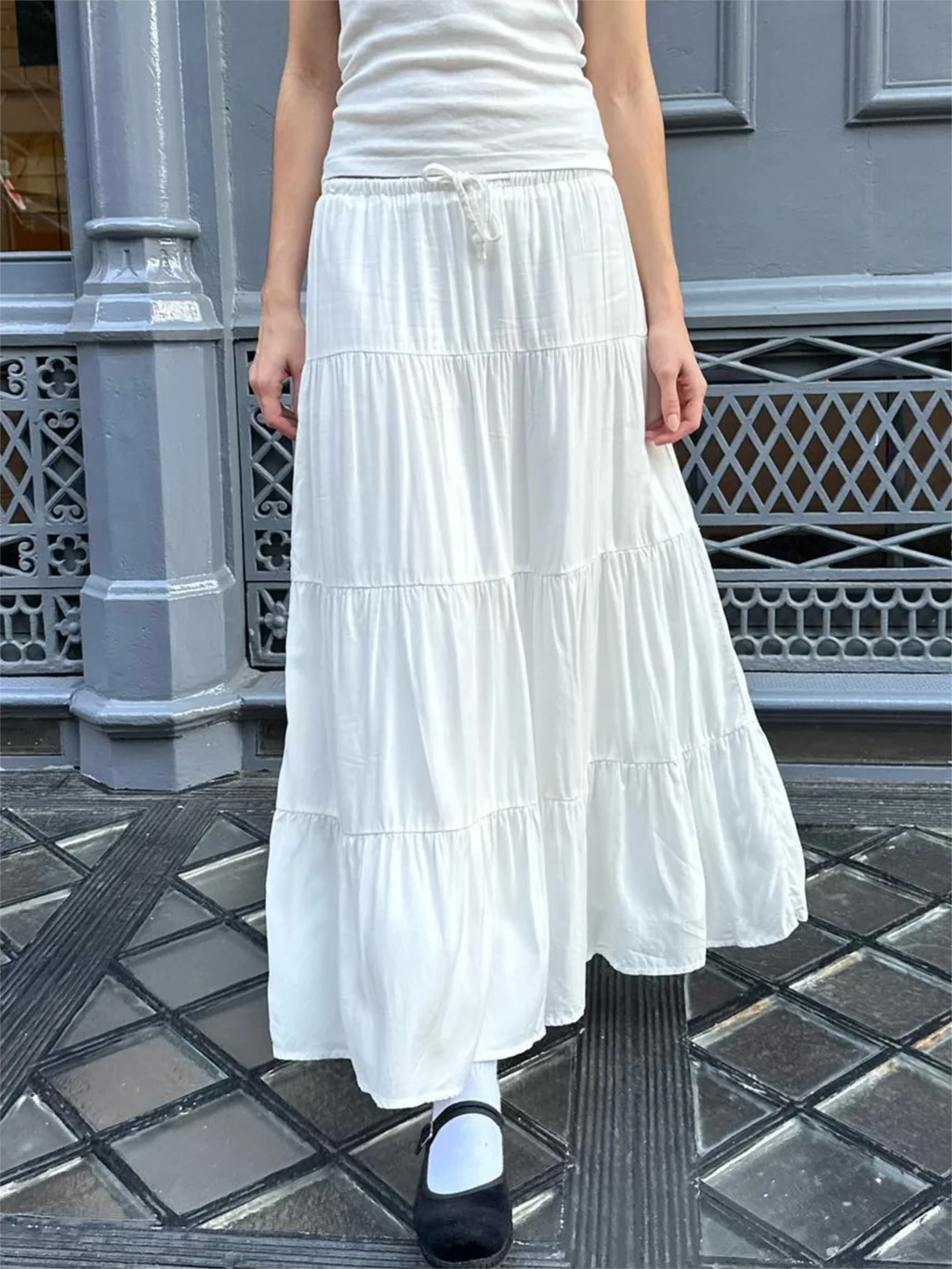 

Folds Lace-up White Maxi Skirts Woman Summer High Waist A-line Loose Faldas Casual Sweet Simple Preppy Style Cute Long Skirt