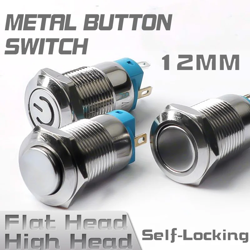 

12mm Metal Button Switch Fixed Self-Locking High Head Flat Head Car Start Horn Bell Button Inching With LED Light Waterproof