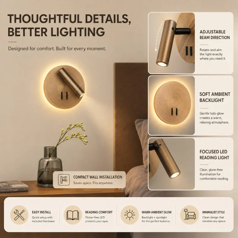 Modern Round Wood Backlit LED Wall Sconce Halo Ambient Bedroom Bedside Corridor Background Wall Light Fixture Decor Lamp