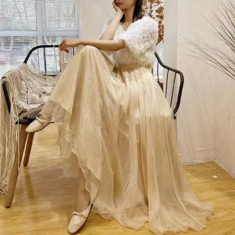 الشيفون تنورة طويلة المرأة عطلة الشاطئ الكشكشة أنيقة تنورة الحفلات عالية الخصر فضفاضة شبكة الحلو سيدة الكرة ثوب صيف جديد