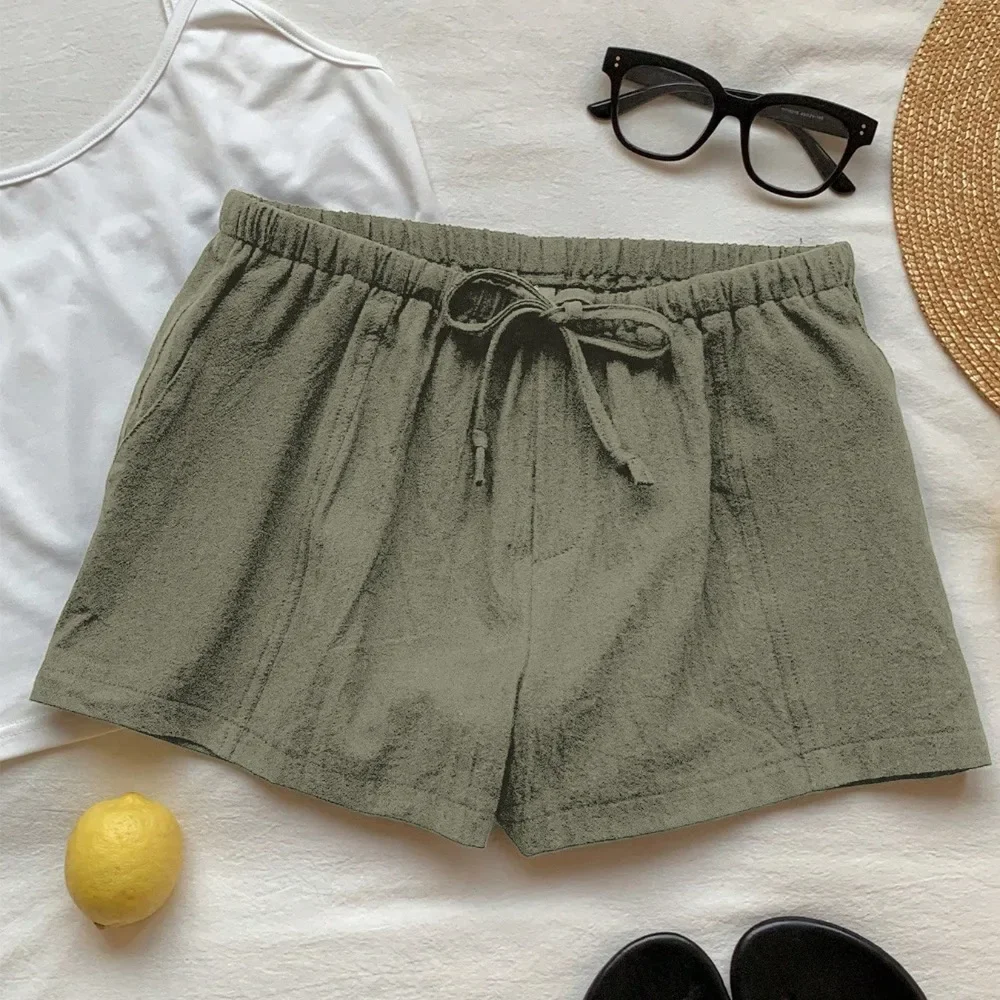 Women Solid Linen Shorts Elastic Waist Drawstring Loose Fit Casual Soft Breathable Flattering Daily Beach Comfy Summer New