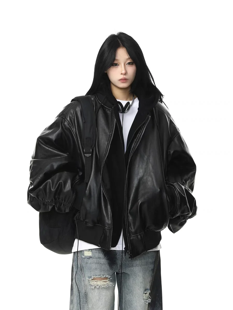 

2025 New Spring Y2k Women's jackets Outerwears Vintage Black Faux Suede Leather jacket Men Zipper Fake 2 Piece Clothes Hoodie