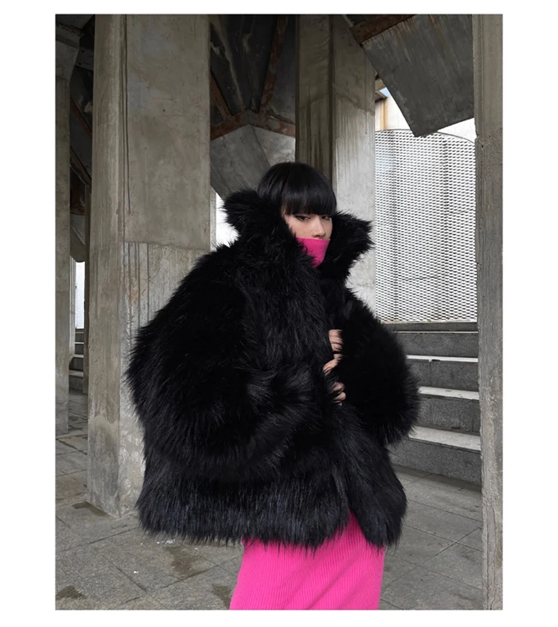 Lautaro Winter Cool Oversized Casual Soft Thick Warm Black Hariy Shaggy Faux Fur Coat Women Turn-down Collar Fluffy Jacket 2023