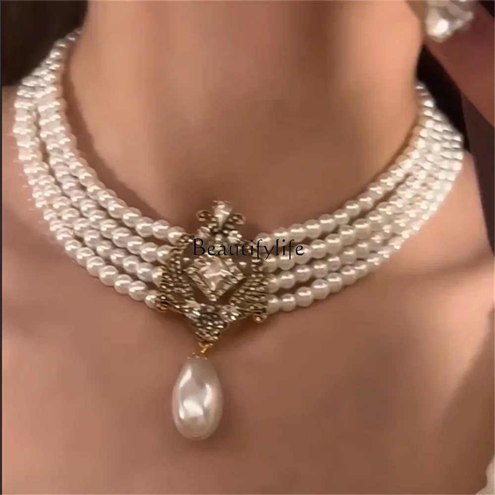 

European and American style retro baroque court multi-layer pearl collarbone chain high-end cervical chain