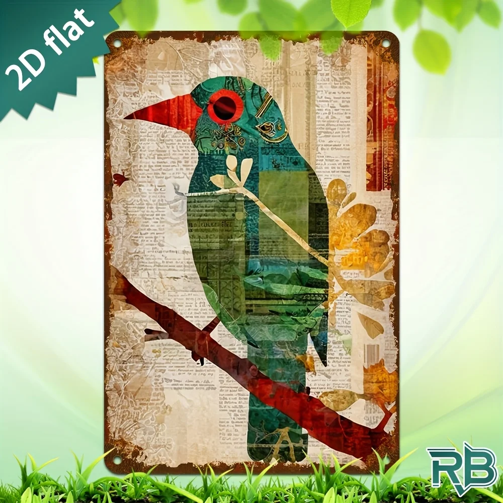 New Trendy HD Metal Wall Art - Vintage Rustic 2D Flat Design Featuring a Retro Teal Bird with Red Beak Perched on a Branch with