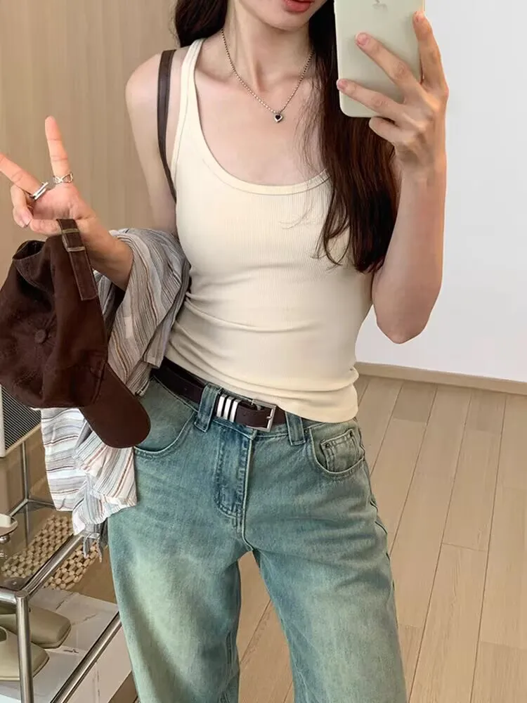 2025 새로운 도착 트렌드 고품질 봄 여름 여성 하이 스트리트 탱크 탑 아가 솔리드 U-칼라 나사 스레드 여성 티