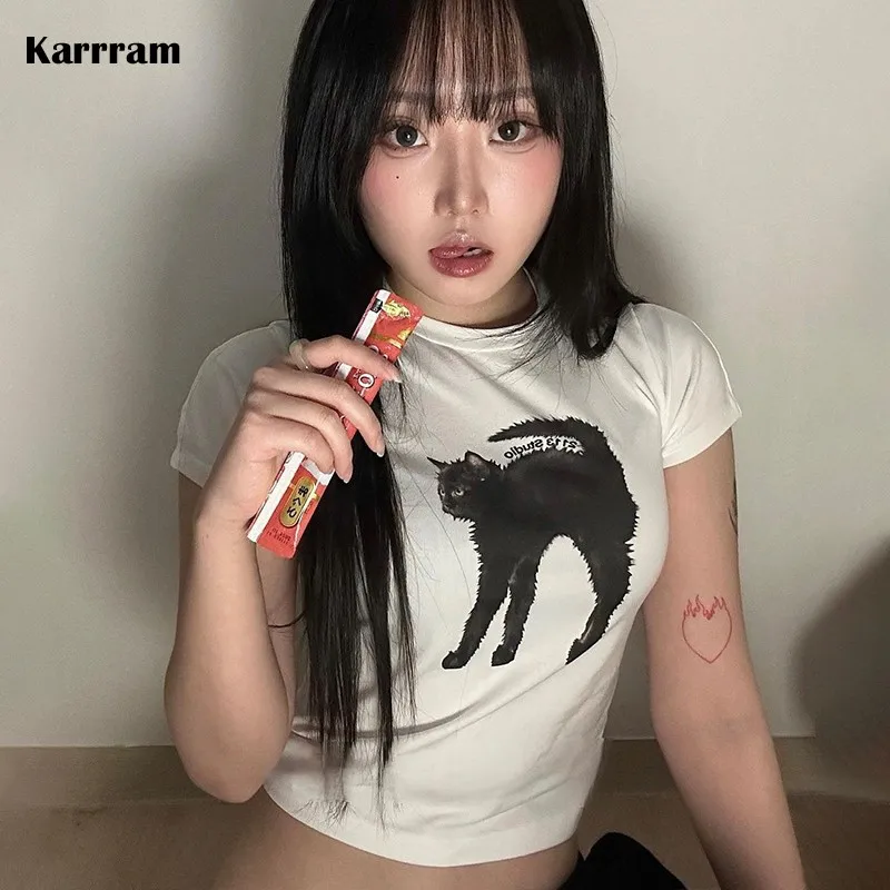 Karrram Grunge Cat Print Crop Top Korean Fashion Black Cat T-shirt Kpop Short Sleeve Tee Shirt Slim Y2k Fairycore Streetwear