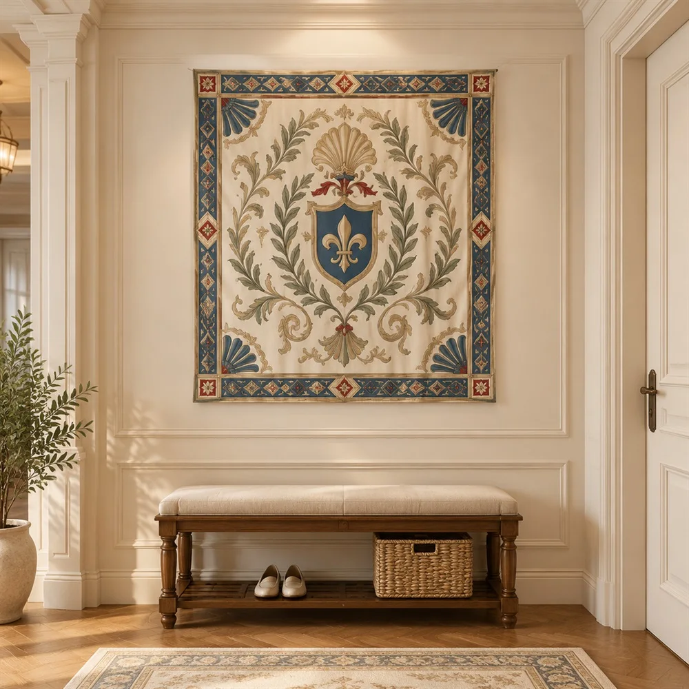 VIKAMA Geometric Crest Motif Mirror Symmetric Tapestry Wall Hanging, Neoclassical Wall Decor Tapestries for Living Room Bedroom
