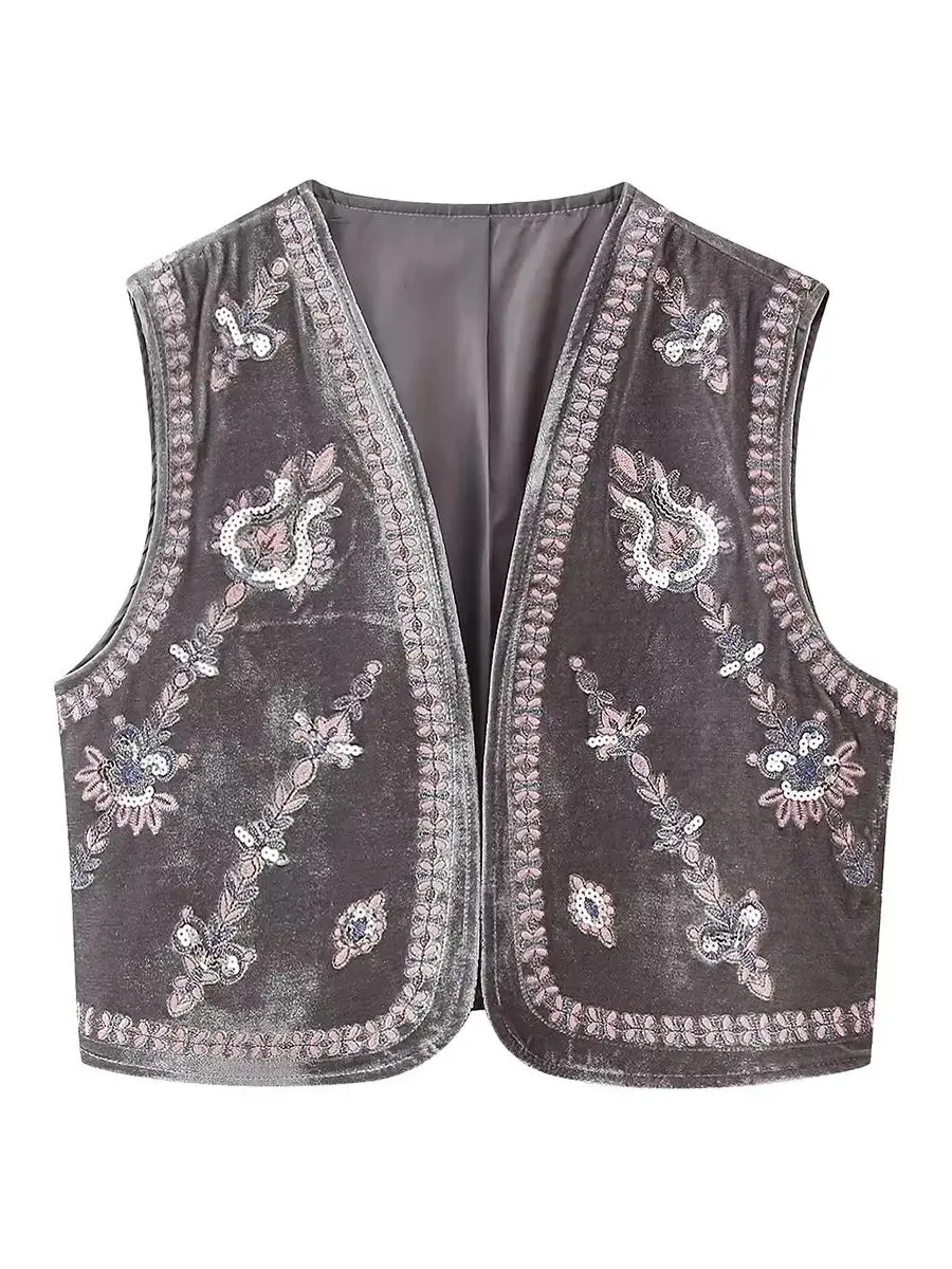 XNWMNZ 2024 Women\'s Fashion Beaded Embroidered Velvet Vest Women Ethnic Style Versatile Female Chic Waistcoat