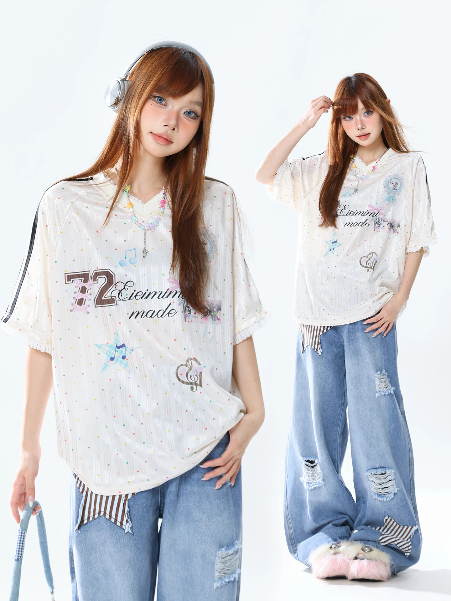 

Retro American Polka Dot Print Short Sleeve T-Shirt Women's Summer V-neck Color Block Vintage Feel Casual Top