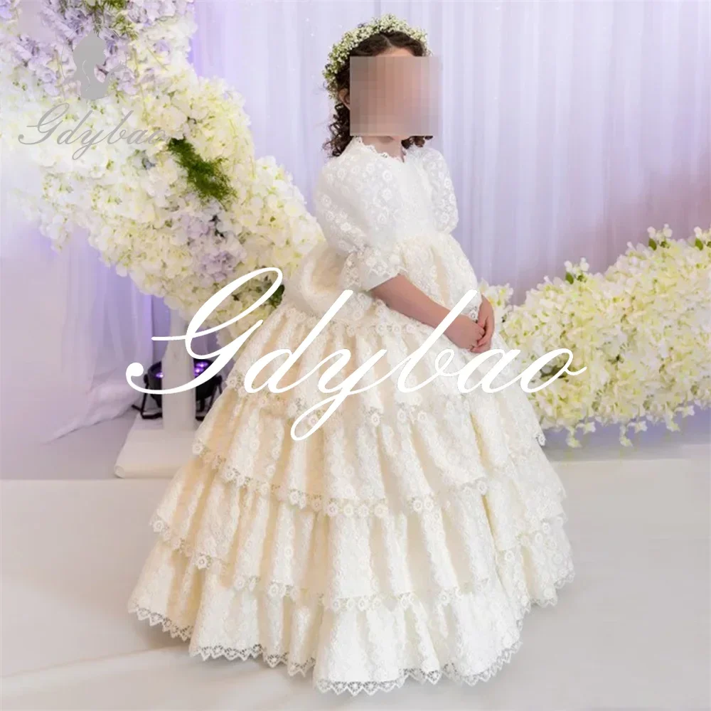 Princess Lace Applque O Neck Half Puff Sleeve First Communion Dress Pleat Floor Length Long Ball Flower Girl Gown Customized