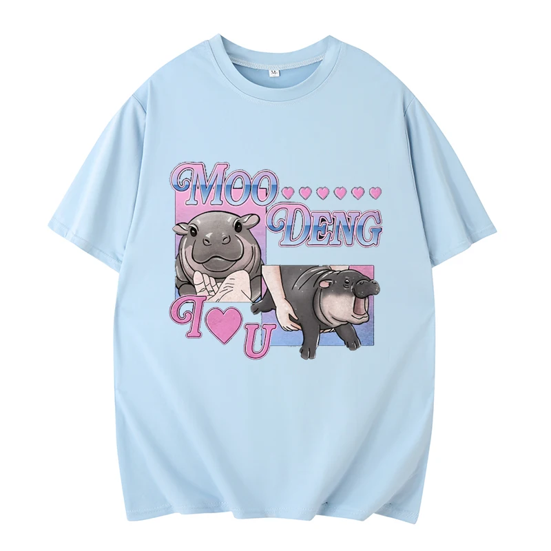 Thai Hippo I Love You Cute Moo Deng Short Sleeve Retro Cartoon Text Style Tops Funny Gifts For Friends