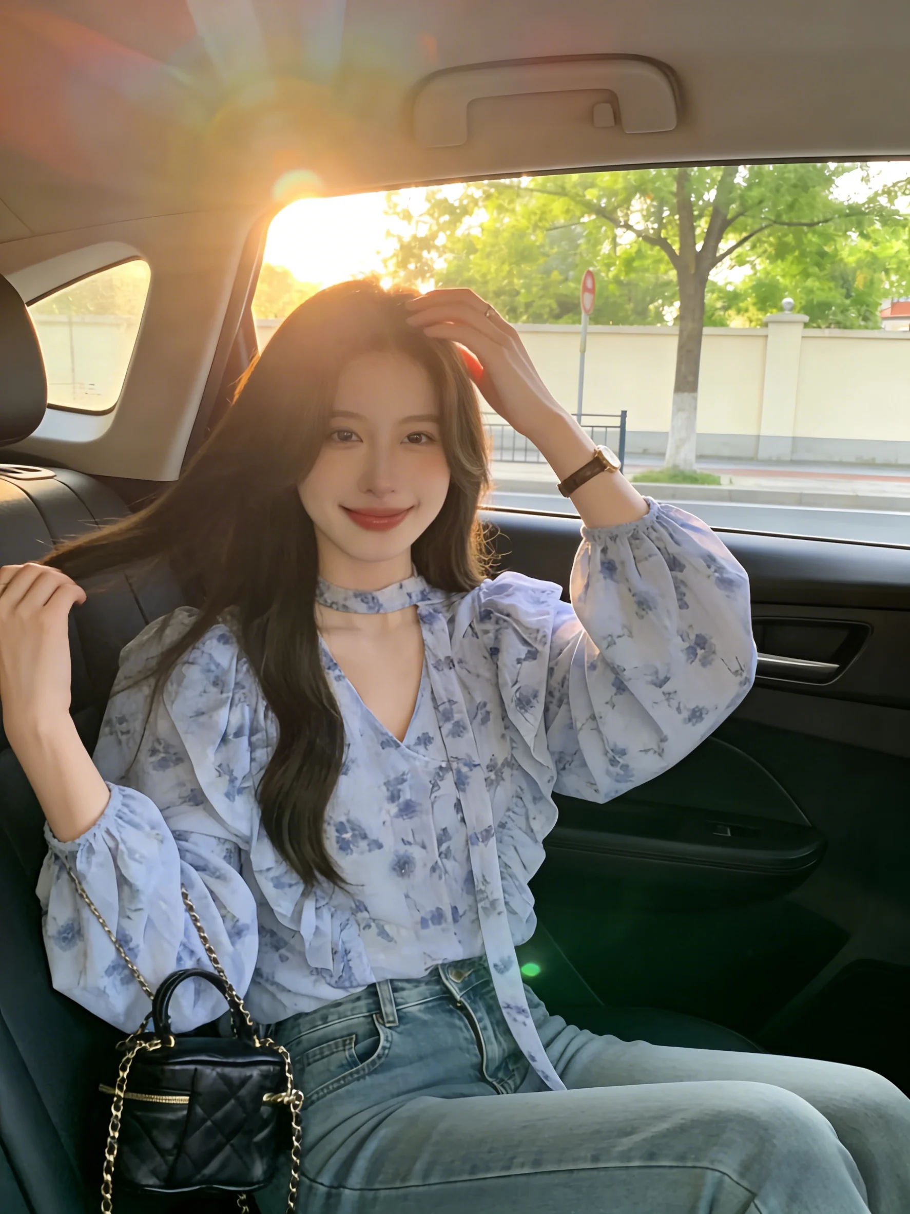 

Blue Long Sleeve Floral Halter Neck Women's Spring Summer Bubble Sleeve Shirt Chiffon Blouse Korean Style Loose Fit Breathable