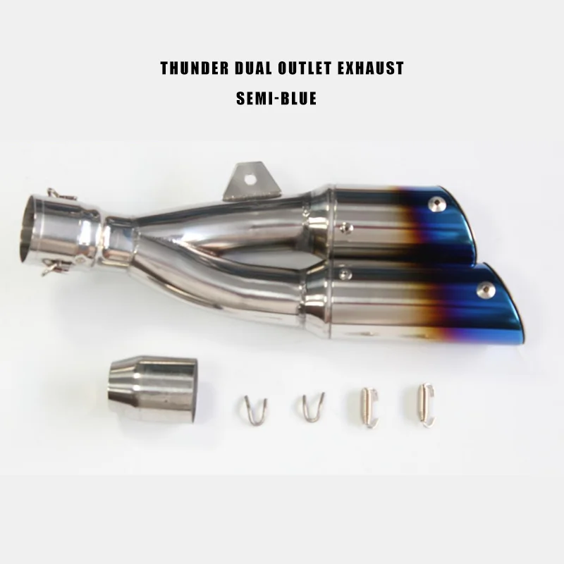 Thunder Dual Outlet Exhaust Pipe – Semi-Blue Finish Universal Motorcycle Performance Racing Exhaust with Deep Tone, Bolt-On Upgr