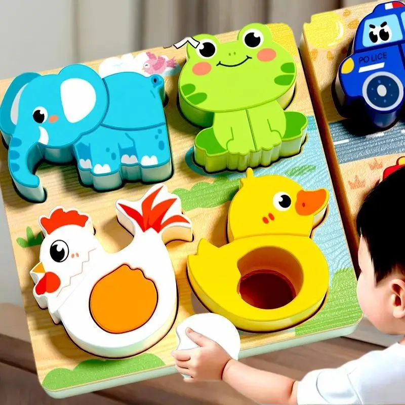 1 セット 3D 木製動物漫画ジグソーパズル、子供の早期教育に最適な学習玩具